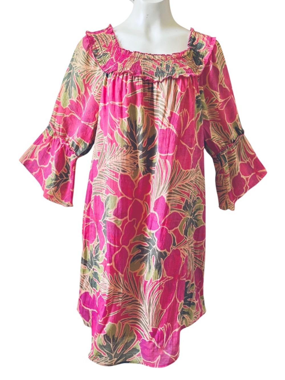 Mlle Gabrielle Floral Tropical Bell Sleeve Dress Large Like New Boho Vacation